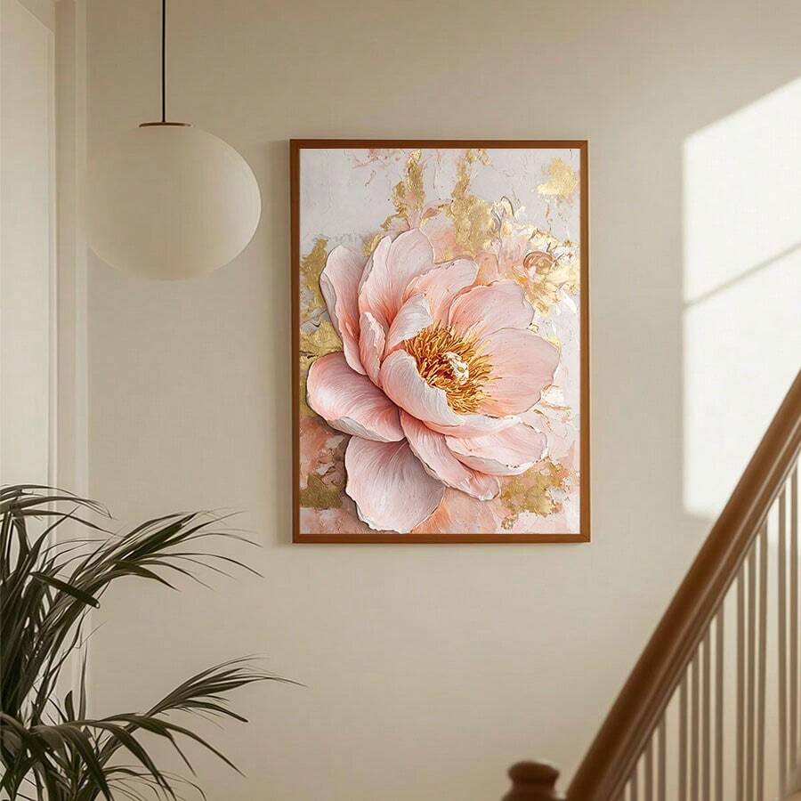 Pink floral canvas poster hung on a cream wall beside a staircase