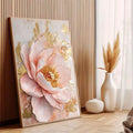Pink peony poster styled beside a vase against vertical natural wood slats