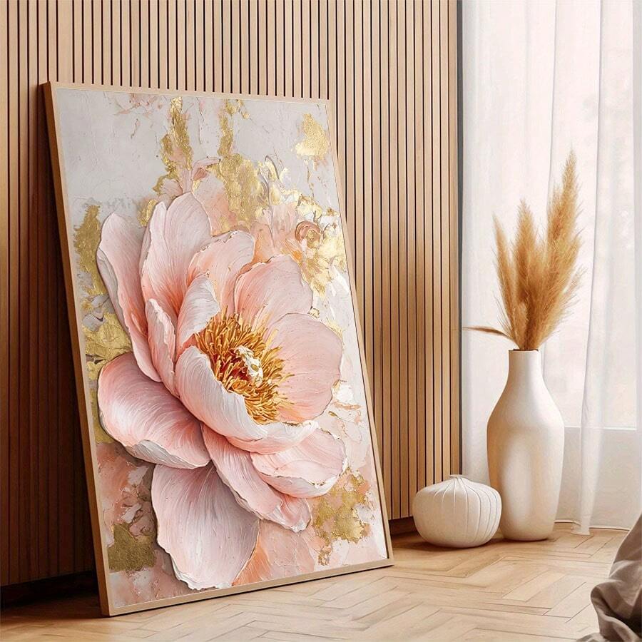 Pink peony poster styled beside a vase against vertical natural wood slats