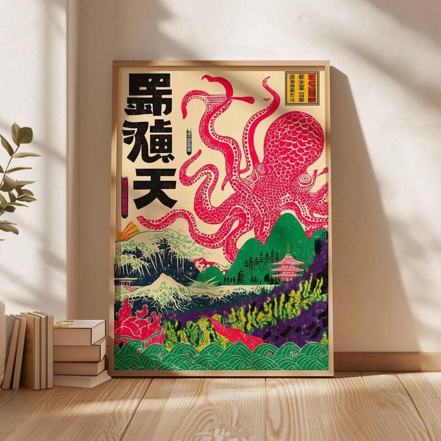 Front view of vintage Japanese octopus artwork poster for artistic home decor