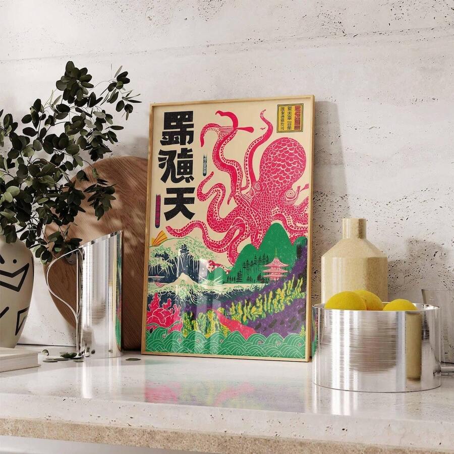 Angled view of unframed vintage wall art with an octopus illustration