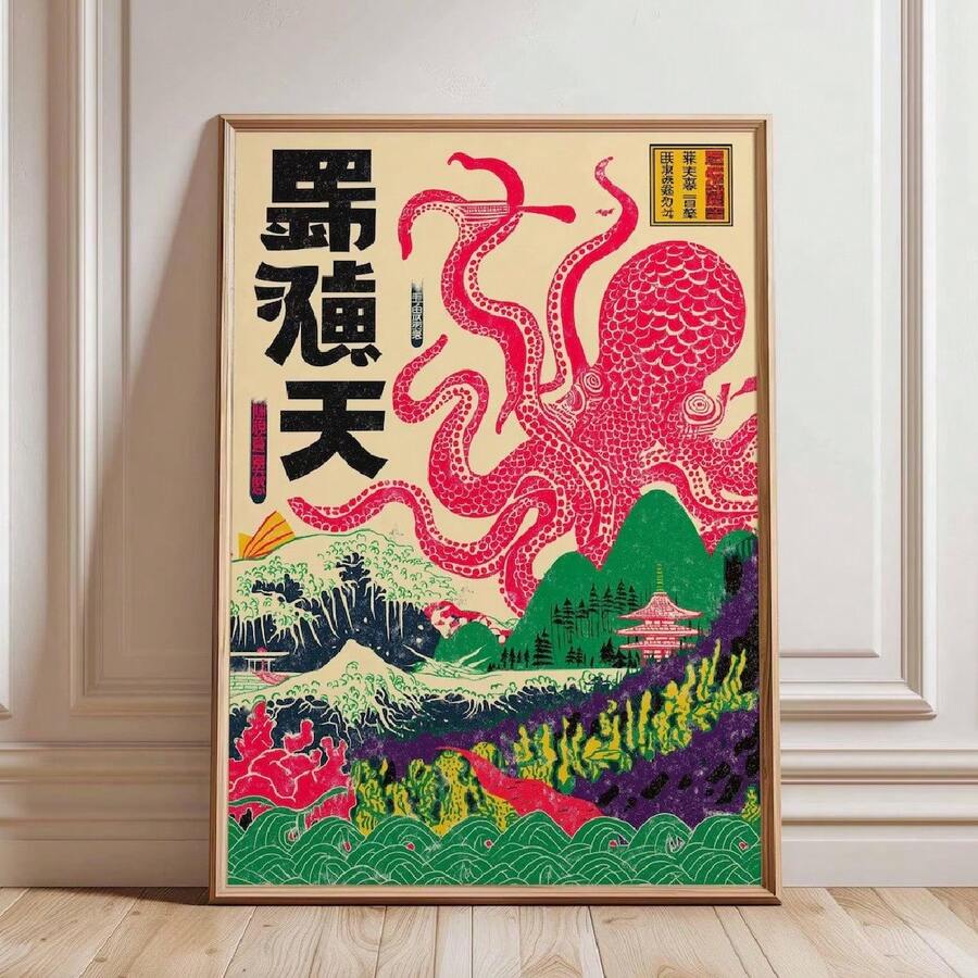 Front view of vintage Japanese octopus artwork poster for artistic home decor
