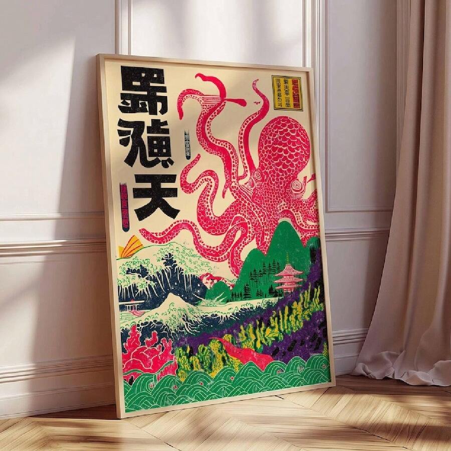 Styled display of Japanese octopus poster decor for a creative dining room