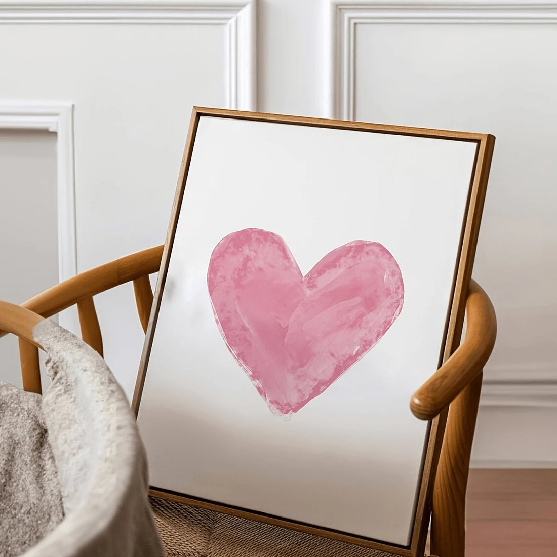 Pink heart wall art poster with watercolor blush heart on white background