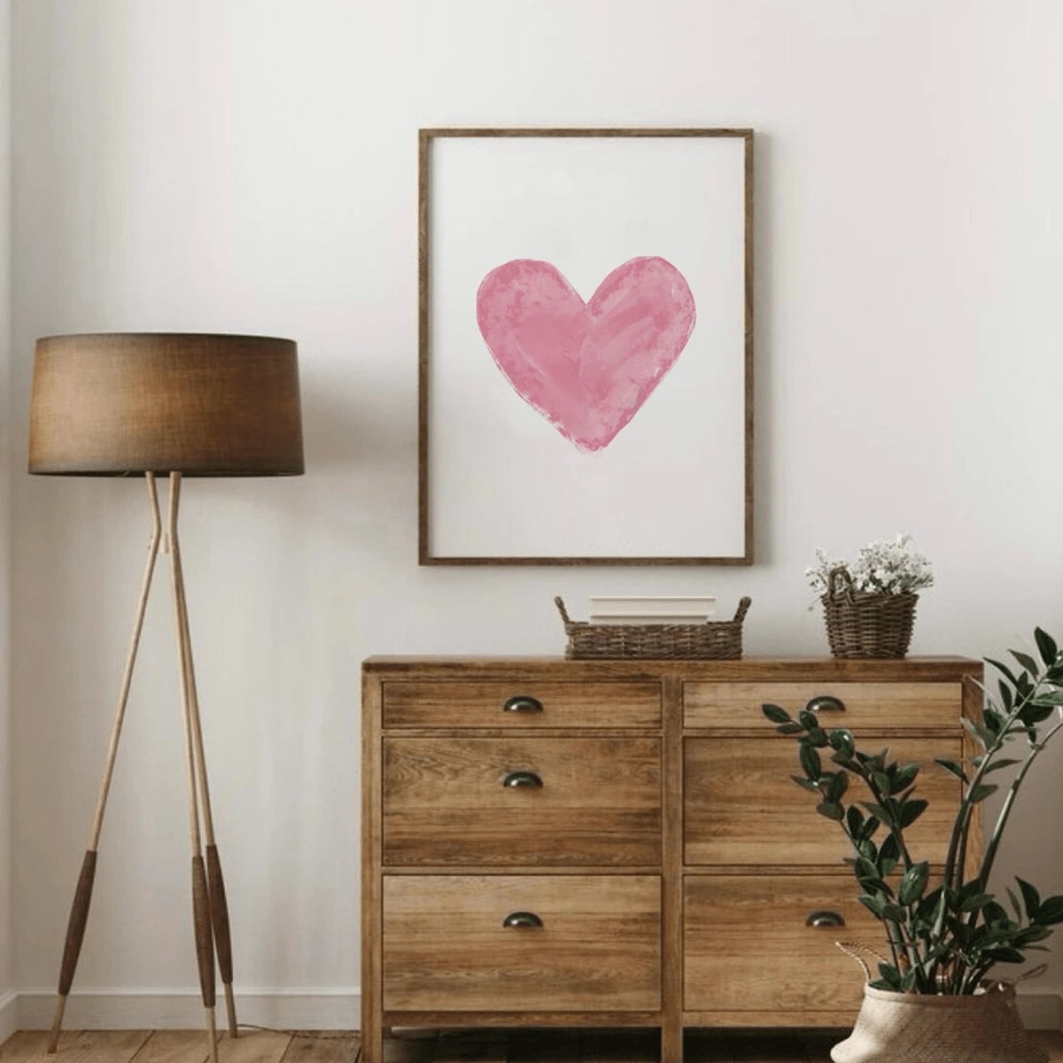 Watercolor heart print shown in wood frame for soft coquette bedroom decor
