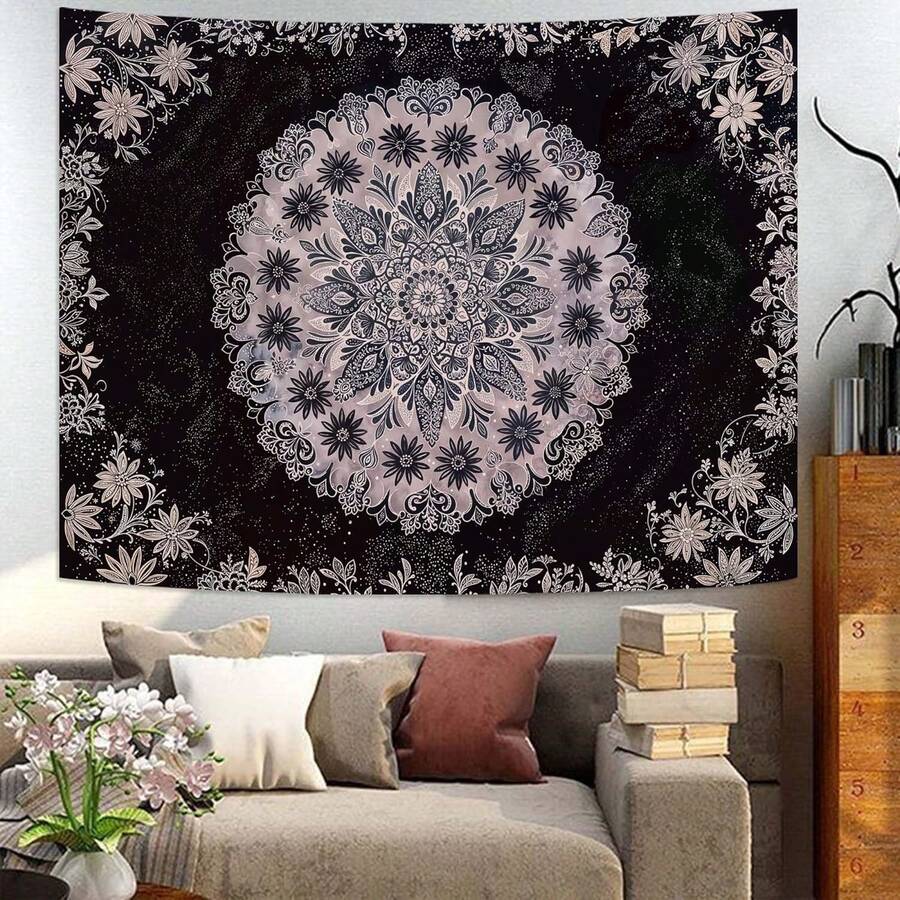 Black floral mandala tapestry with pale blush and white botanical line art