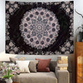 Black floral mandala tapestry with pale blush and white botanical line art