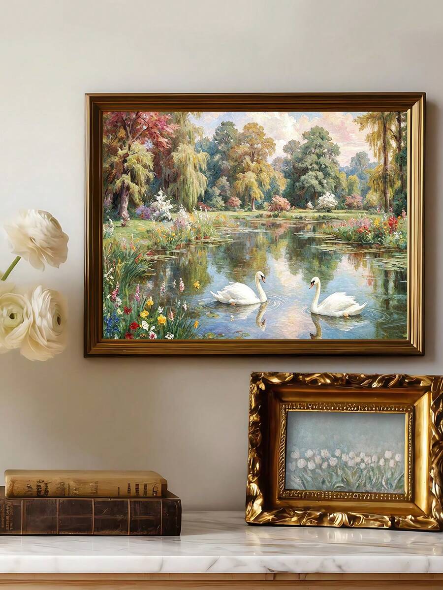 Romantic swan pond wall art in ornate gold frame