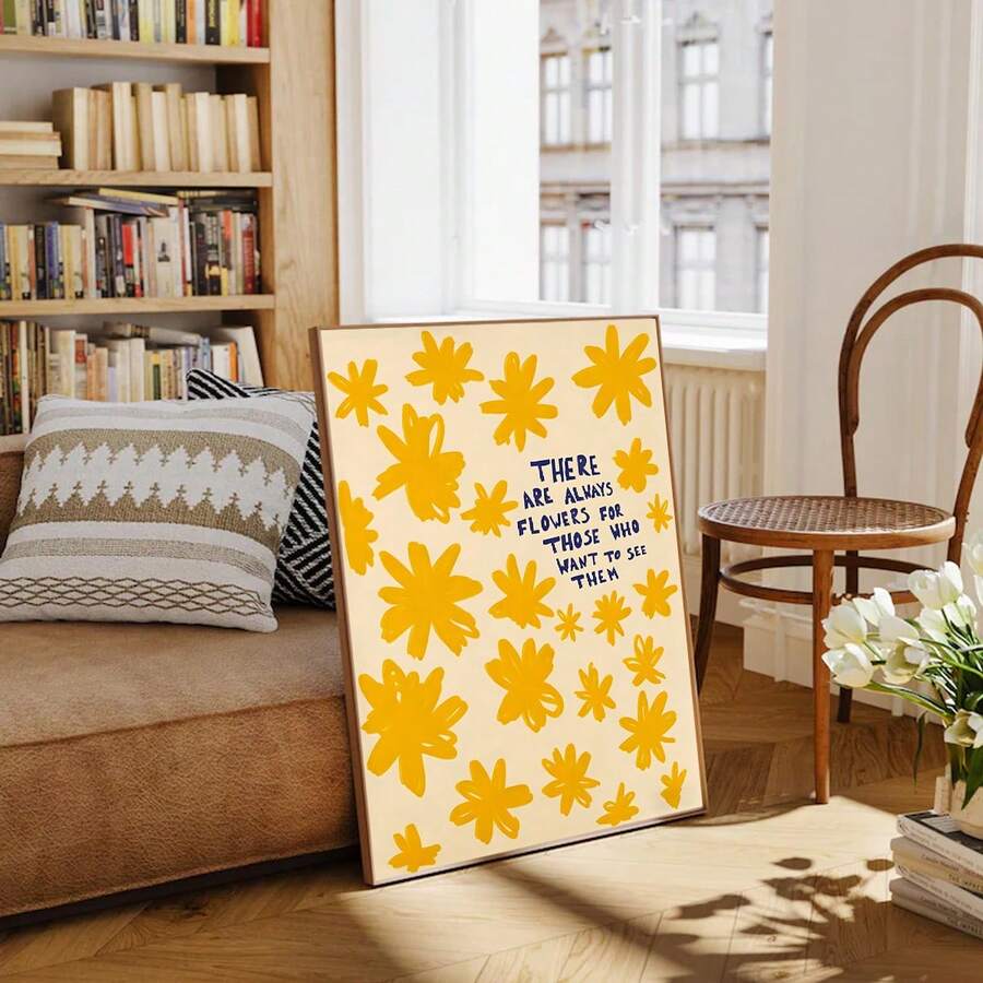 Wildflower canvas with uplifting lettering displayed in a bright room