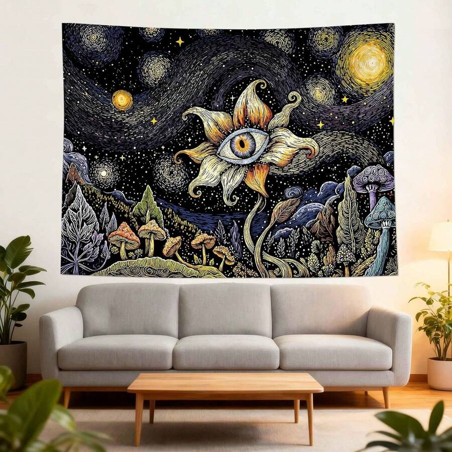 Celestial tapestry with cosmic eye flower mushrooms and starry sky