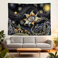 Celestial tapestry with cosmic eye flower mushrooms and starry sky