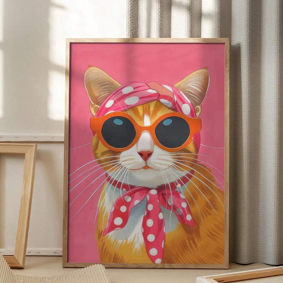Funny Orange Cat with Glasses & Wavy Scarf Cute Pink Canvas Poster