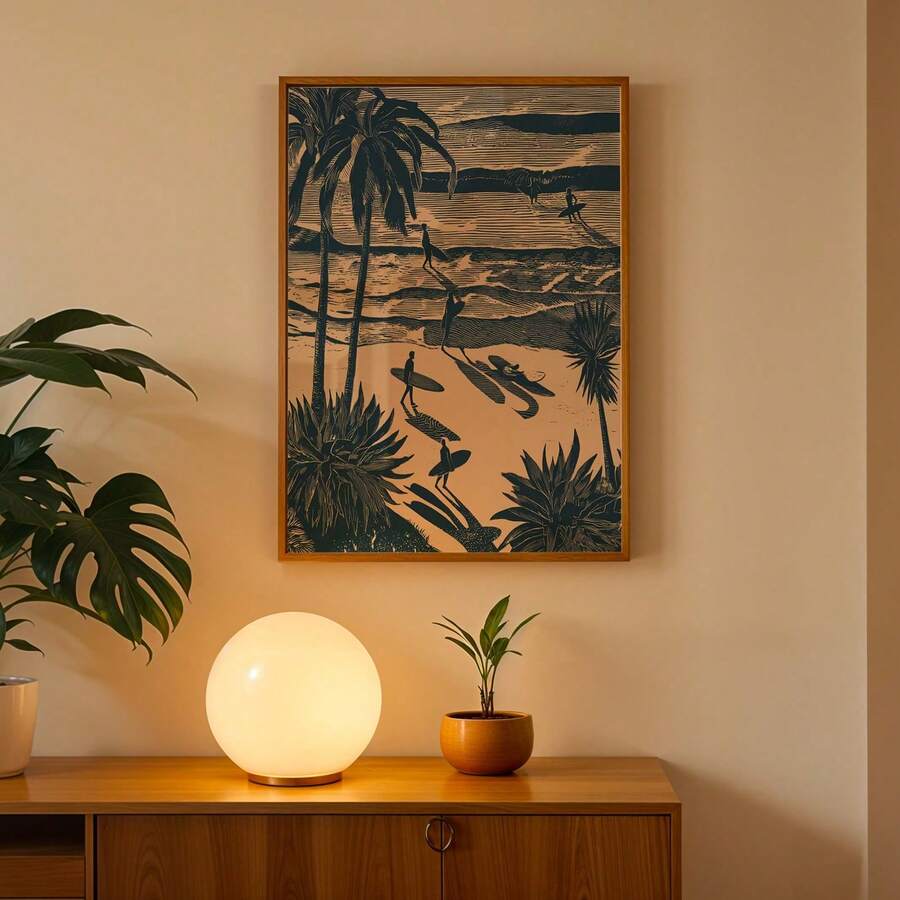 Angled view of playful rainbow canvas art for a bright home office