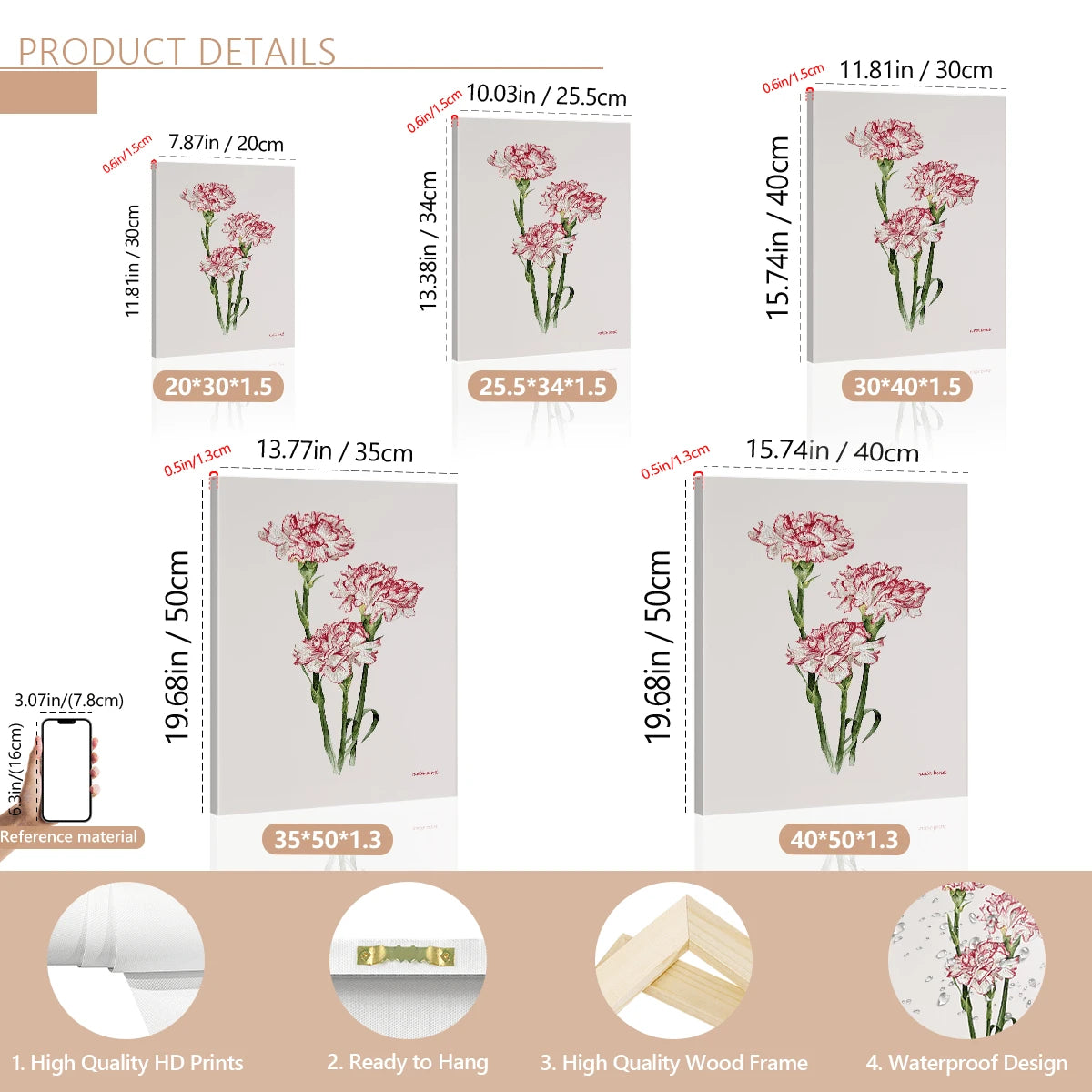 Framed carnation canvas size options with frame thickness details and feature close-ups