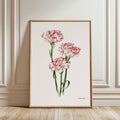 Framed red and white carnation artwork styled in a warm neutral interior