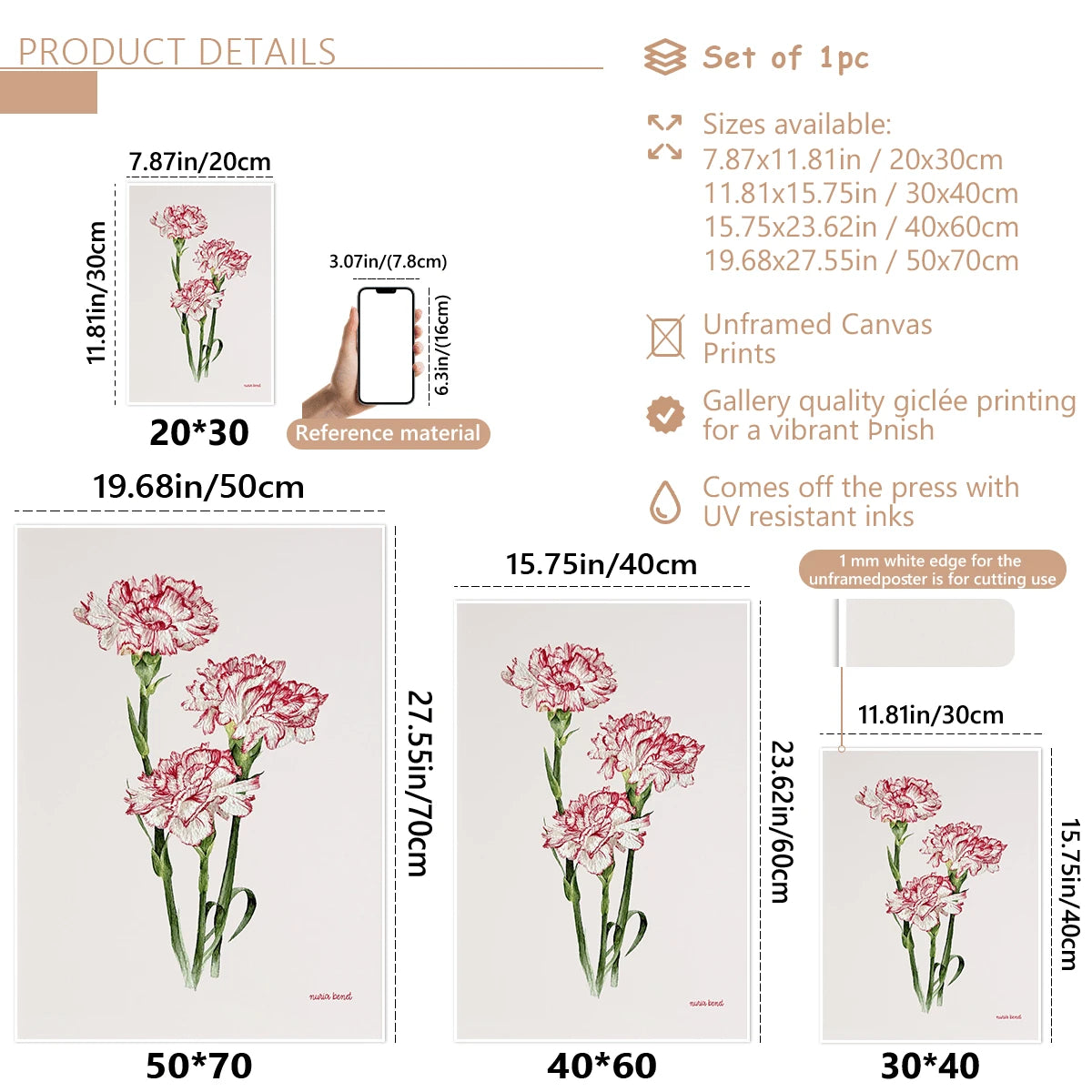 Carnation canvas size guide showing four unframed print dimensions