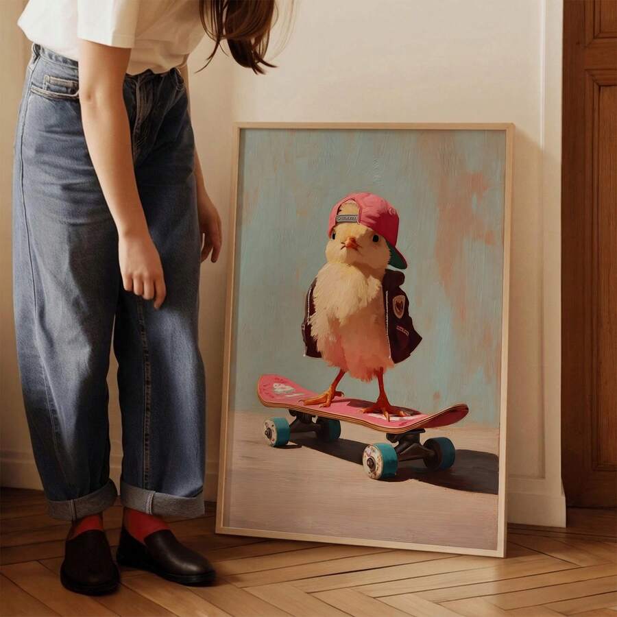 Cute baby chick wearing pink cap standing on pink skateboard