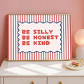 Playful typography canvas poster on pink vanity wall