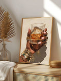 Feminine wall art fashion illustration with hand holding drink and jewelry details