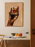 Glam bar decor poster with champagne flute or whiskey tumbler in warm neutral tones
