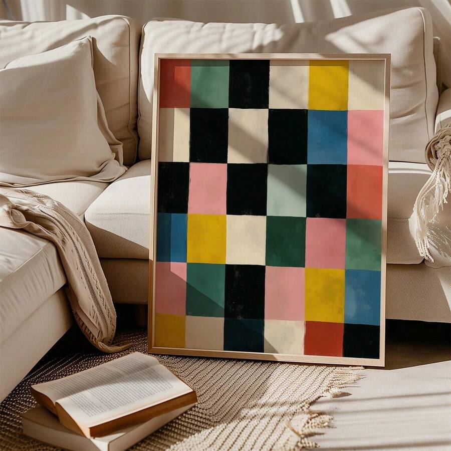Colorful Abstract Geometric Checkerboard Grid Canvas Poster