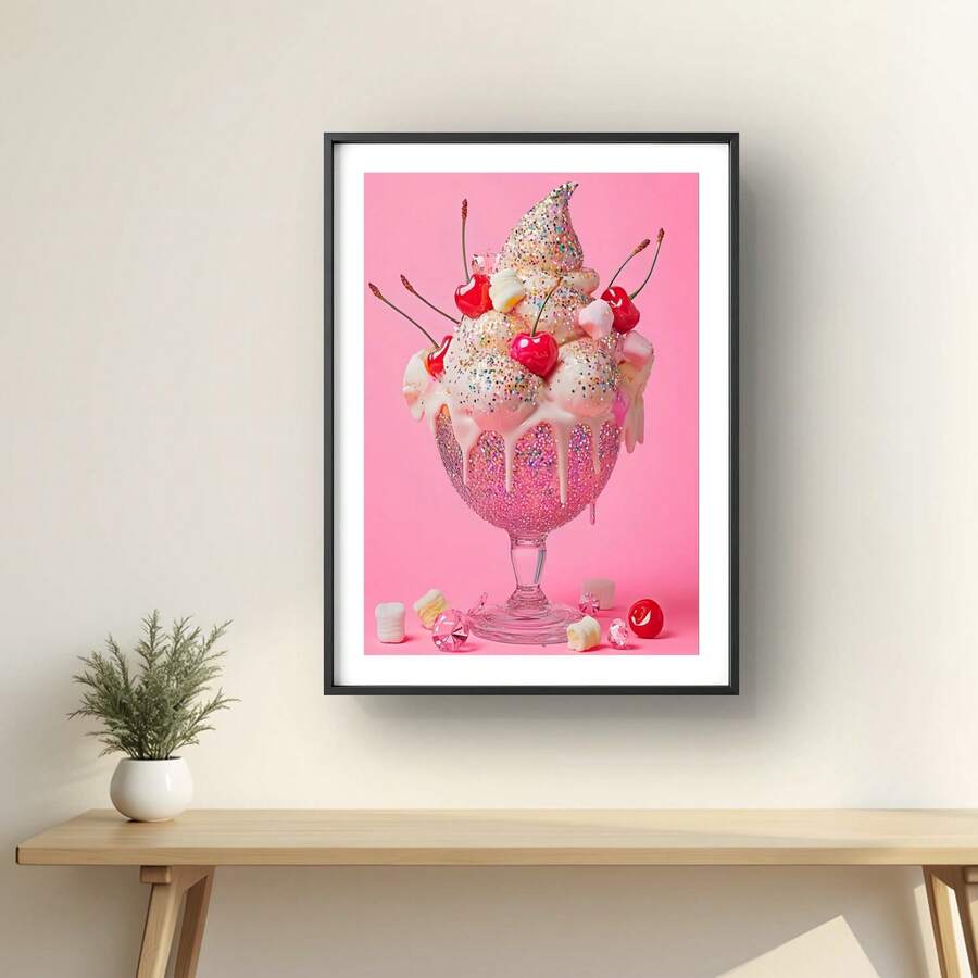 Girly Pink Glitter Ice Cream Sundae Sweet Dessert Cute Aesthetic Canvas Poster 