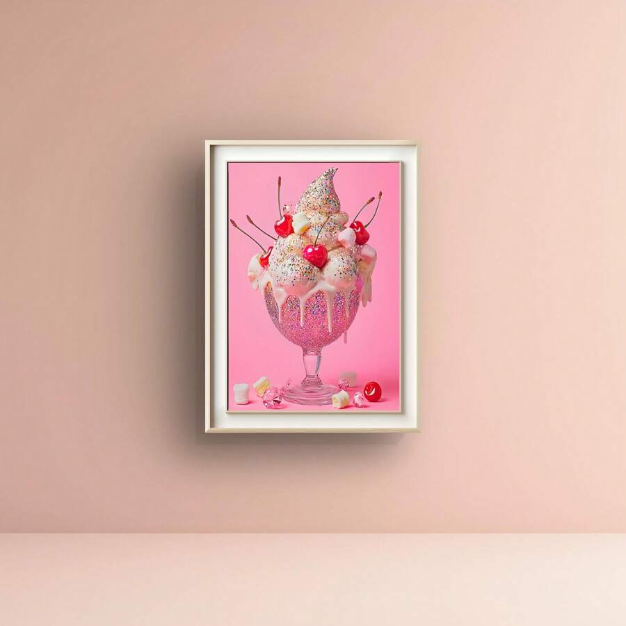 Girly Pink Glitter Ice Cream Sundae Sweet Dessert Cute Aesthetic Canvas Poster 