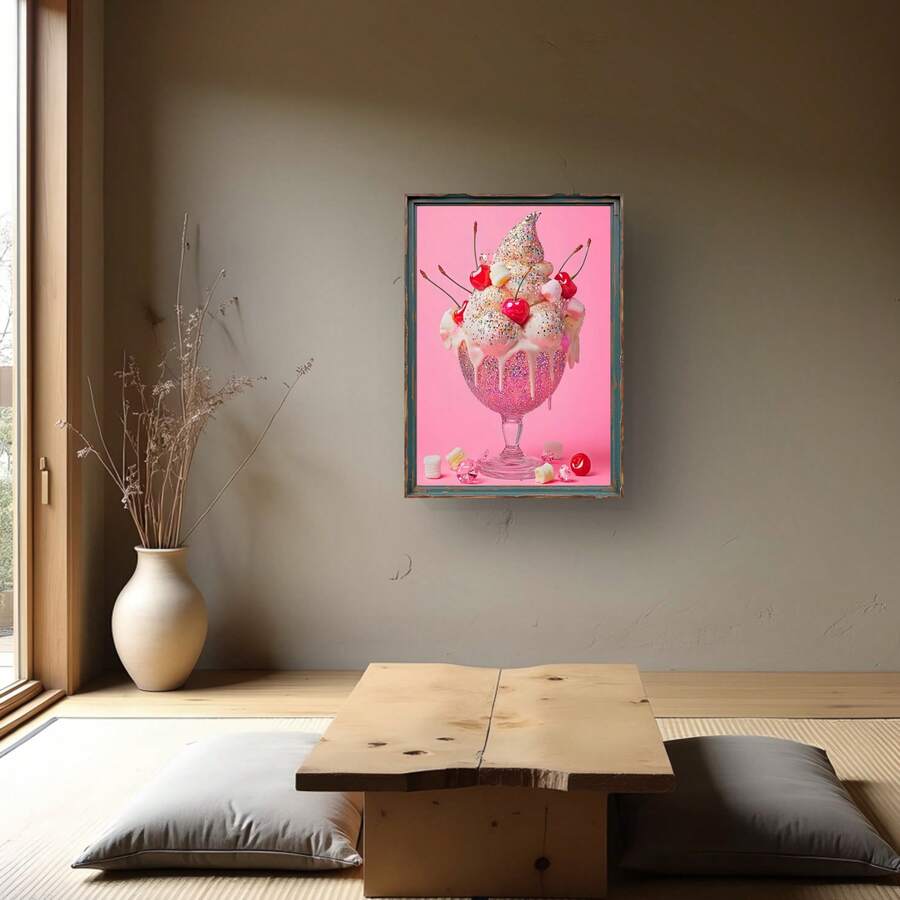 Girly Pink Glitter Ice Cream Sundae Sweet Dessert Cute Aesthetic Canvas Poster 
