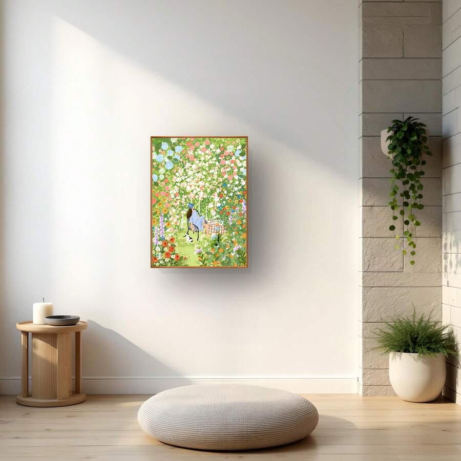 Framed colorful floral garden print with seated figure and cat on shelf