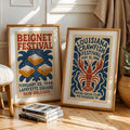 Beignet festival poster size and frame detail chart showing canvas dimensions and finish features