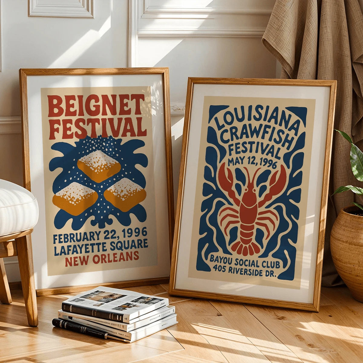 Beignet festival poster size and frame detail chart showing canvas dimensions and finish features