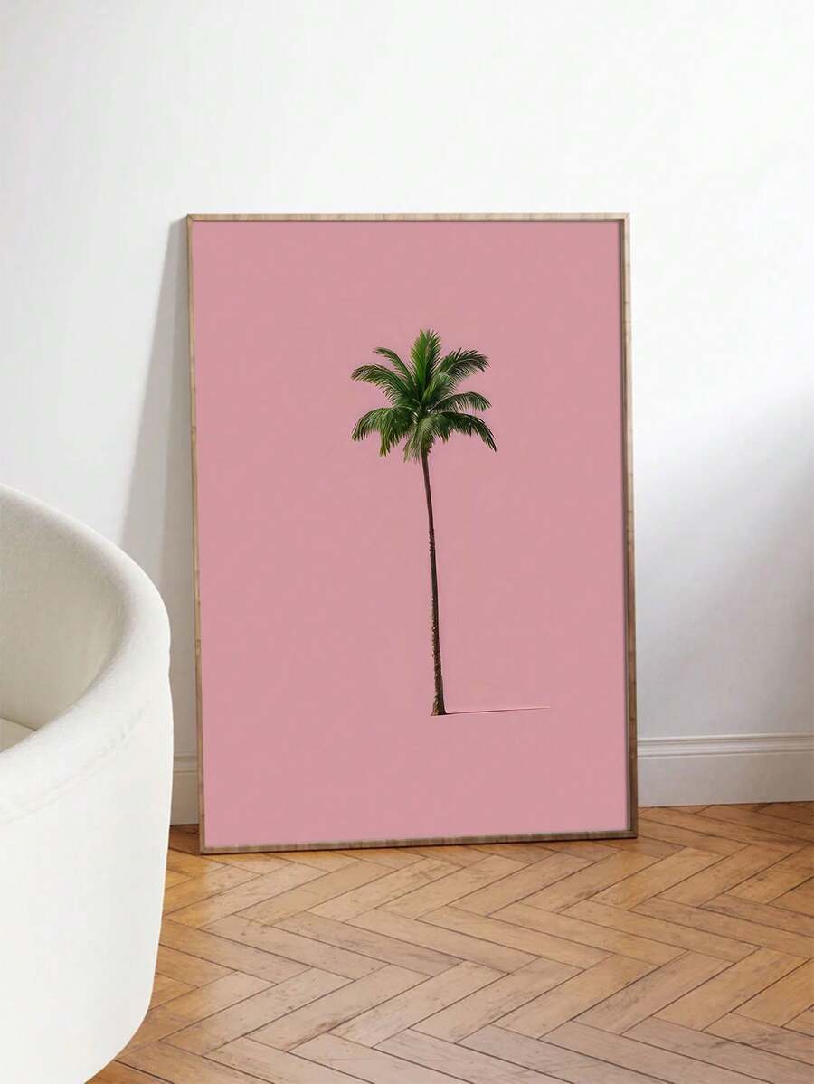 Framed pink palm tree canvas wall art in sunny dining nook