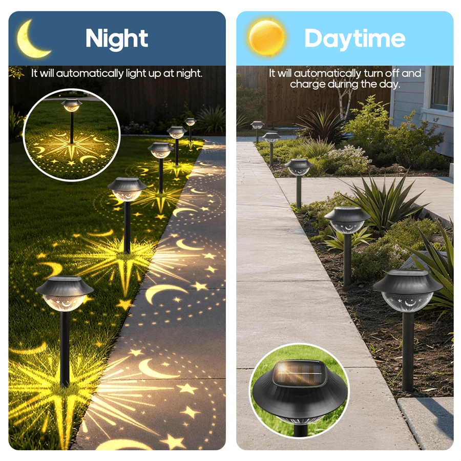 Moon star projector lights glowing on lawn with warm celestial pattern shadows