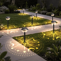 Outdoor garden stake light showing auto charge daytime and auto light night feature
