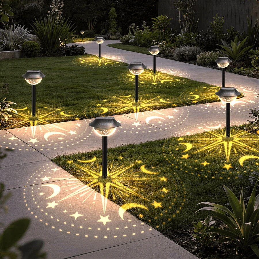 Outdoor garden stake light showing auto charge daytime and auto light night feature