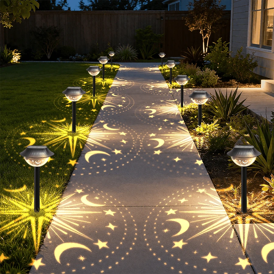 Solar projector light product graphic with panel top transparent shade and ground stake