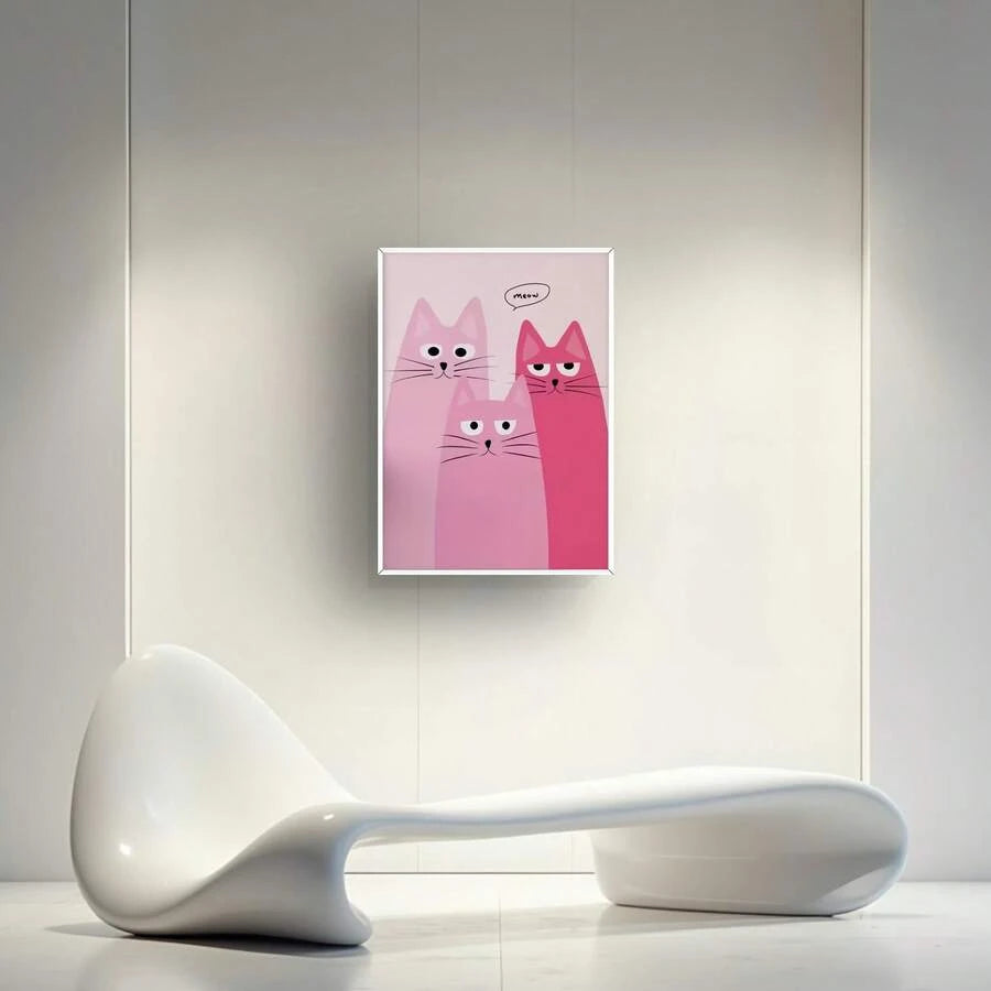 Minimal pink cat print in silver frame