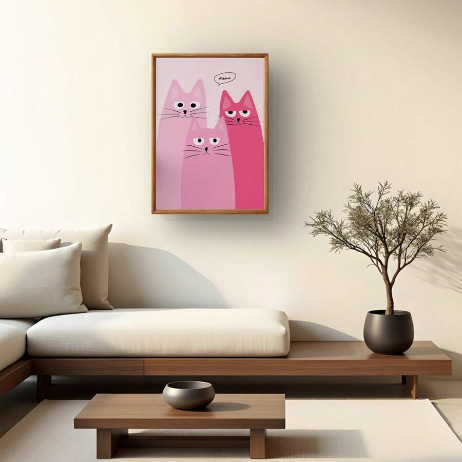 Pink cartoon cats wall art in wood frame