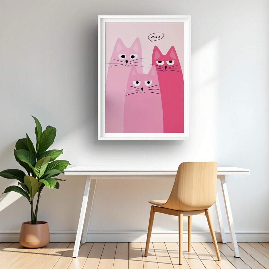 Cute meow cat wall art in white shadow frame
