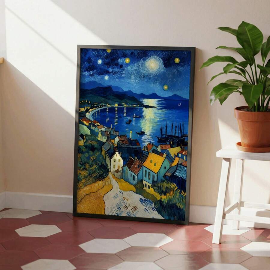 Van Gogh inspired coastal art print with swirling stars mountains and yellow village lights
