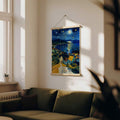 Framed village print with moonlit sea and deep cobalt night sky