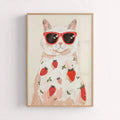 Close up framed poster of white cat wearing red sunglasses with strawberries on fur