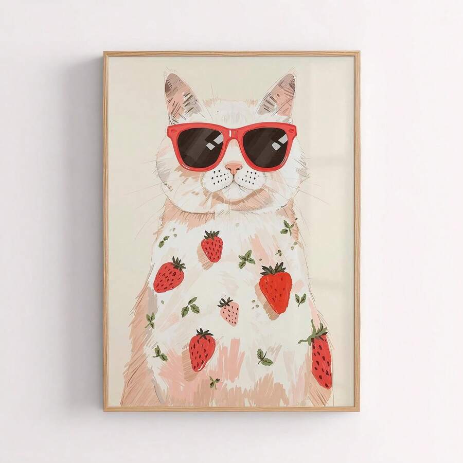 Close up framed poster of white cat wearing red sunglasses with strawberries on fur