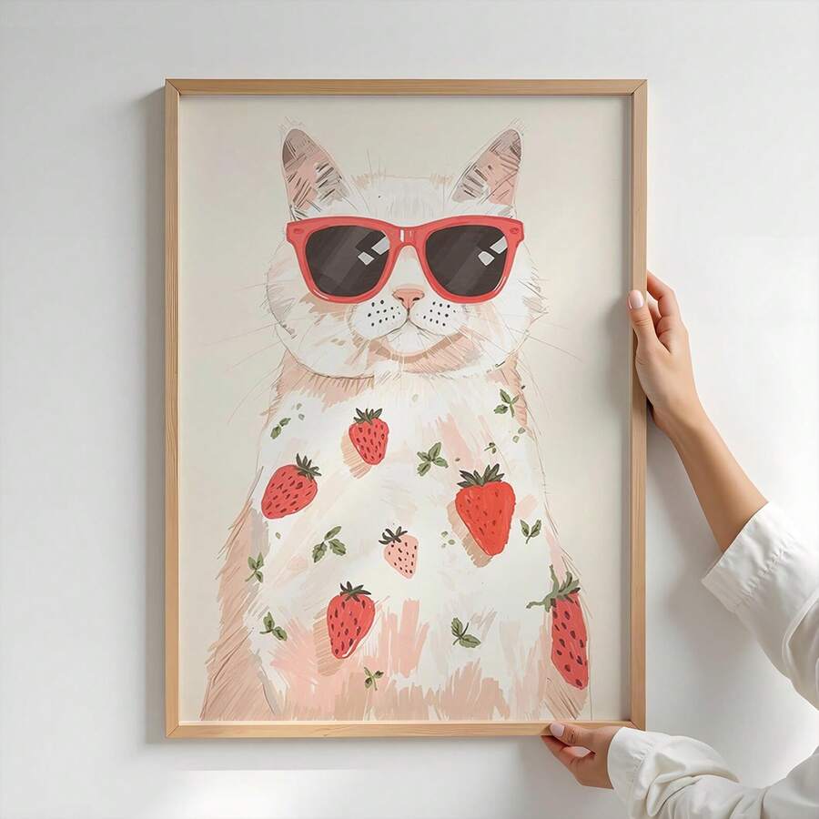 Hands holding framed cat sunglasses strawberry poster against white wall
