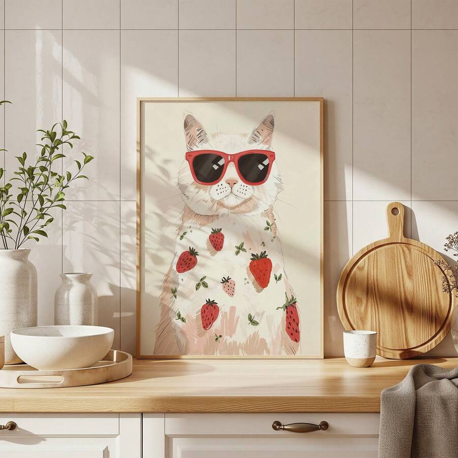 Framed cat with red sunglasses and strawberry print poster on kitchen counter