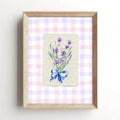 Framed pastel lavender bouquet poster with blue ribbon and pink gingham background