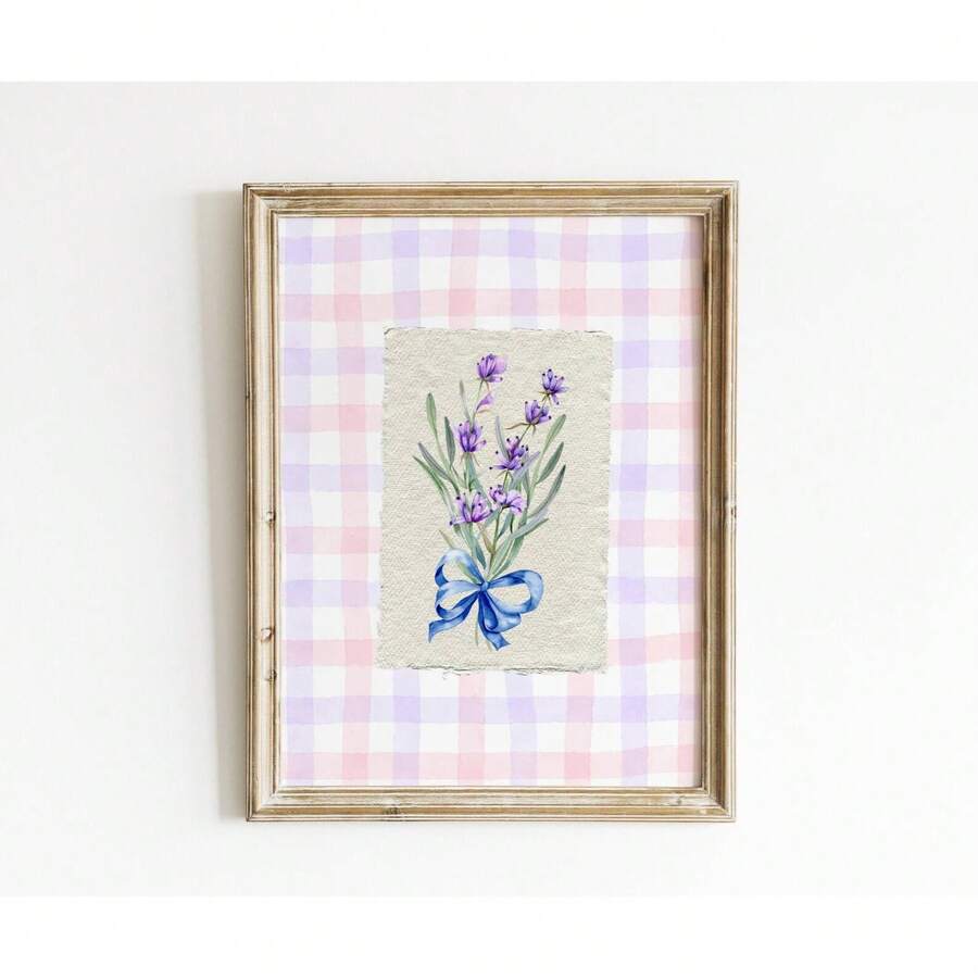 Framed pastel lavender bouquet poster with blue ribbon and pink gingham background