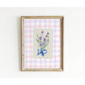 Watercolor purple lavender floral print on textured beige paper in wood frame