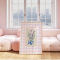 Cottagecore botanical wall art with lavender flowers sage leaves and pastel check pattern