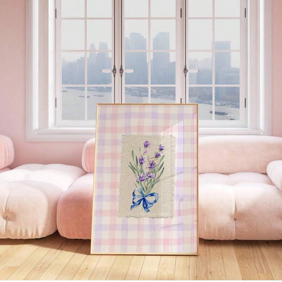 Cottagecore botanical wall art with lavender flowers sage leaves and pastel check pattern